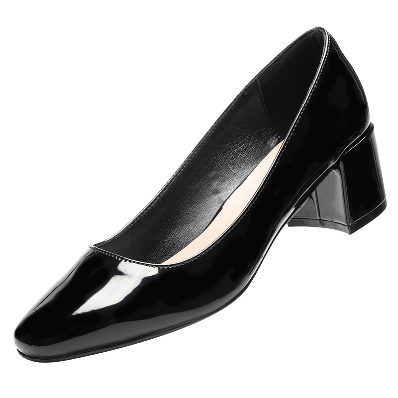 奥康女鞋春秋季亮面浅口OL风女鞋粗跟简约时尚通勤单鞋女