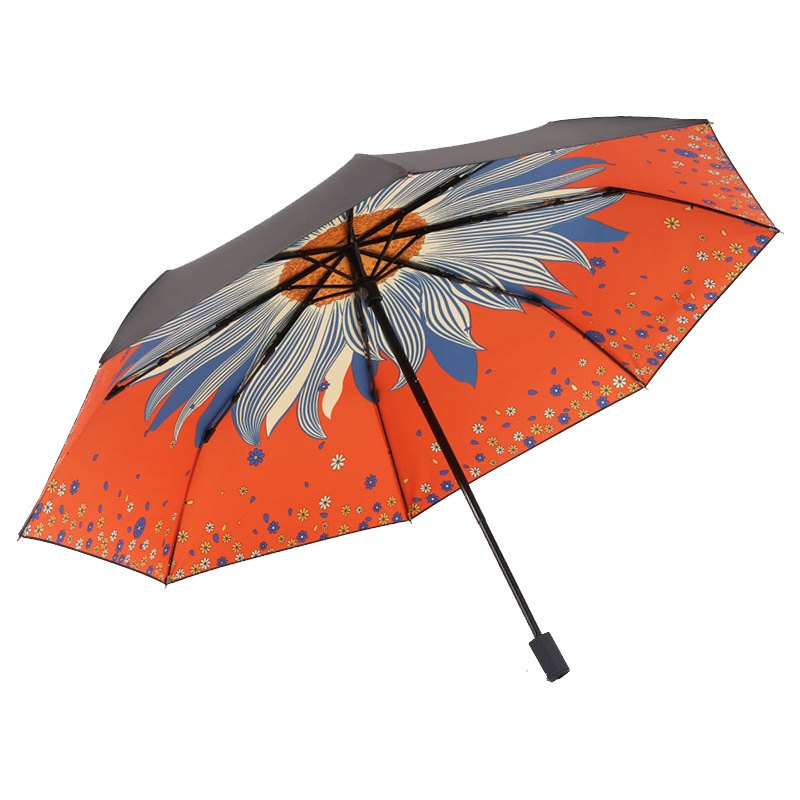 天堂伞 三折全遮光黑胶插画晴雨伞防紫外线太阳伞遮阳伞55cm*8骨 橙色 619E