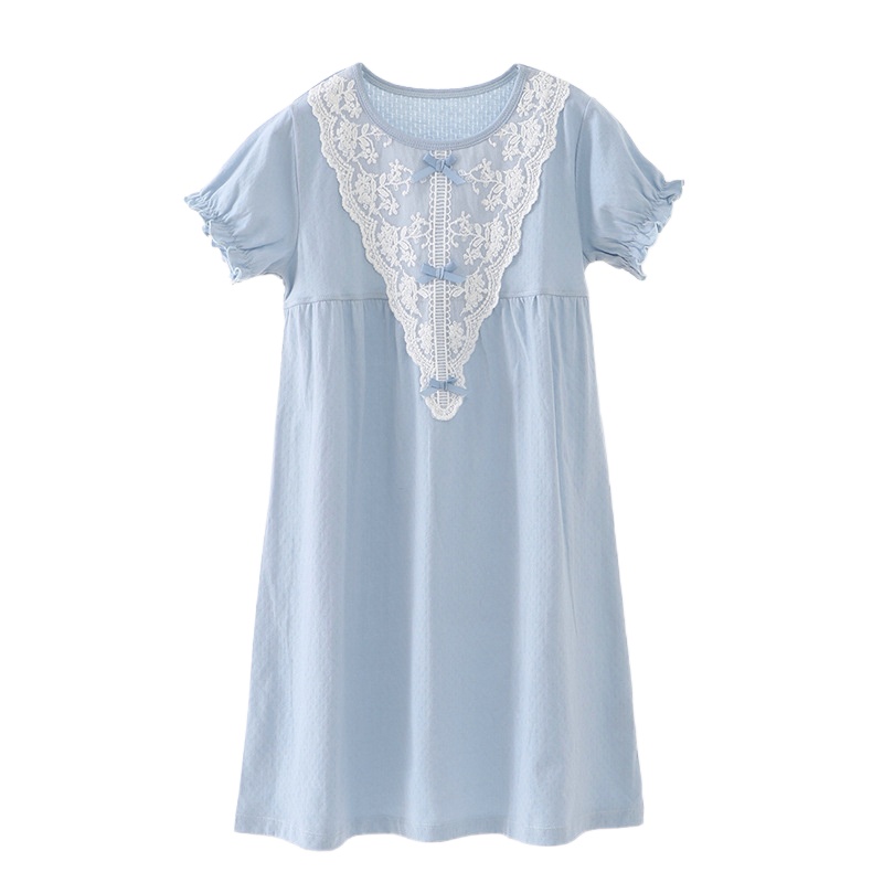 KIDS MAM&DAD春夏棉睡裙女童宽松短袖睡衣儿童棉质连衣裙少女家居服亲子睡衣蕾丝