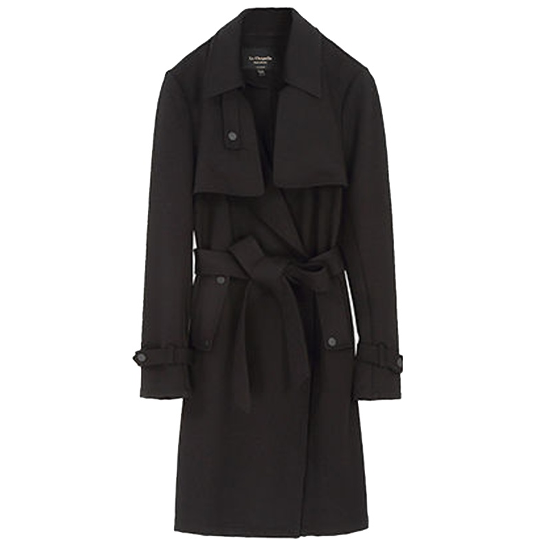 拉夏贝尔黑色系带风衣女中长款韩版高冷气质大衣小个子外套10018273