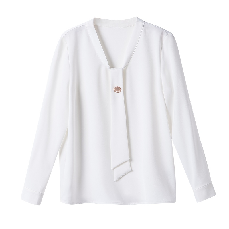 晚白2019春季新品通勤百搭简约纯色V领领带宽松雪纺衫长袖衬衫女