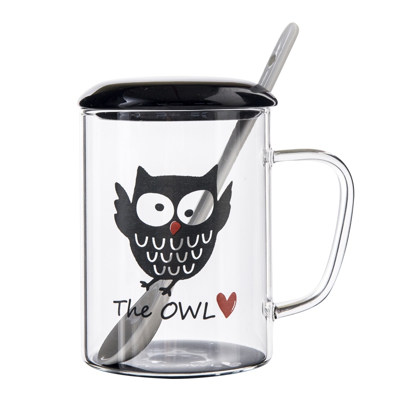 亿嘉IJARL 创意时尚可爱玻璃大容量果汁杯子家用耐热茶水杯牛奶早餐杯带盖带勺 happy 猫头鹰