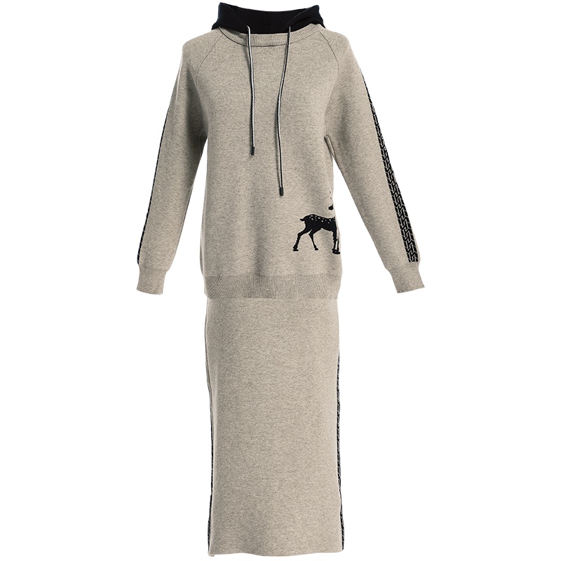 欧昵雪秋冬季小鹿连帽针织衫上衣半身裙套装女毛衣裙子两件套