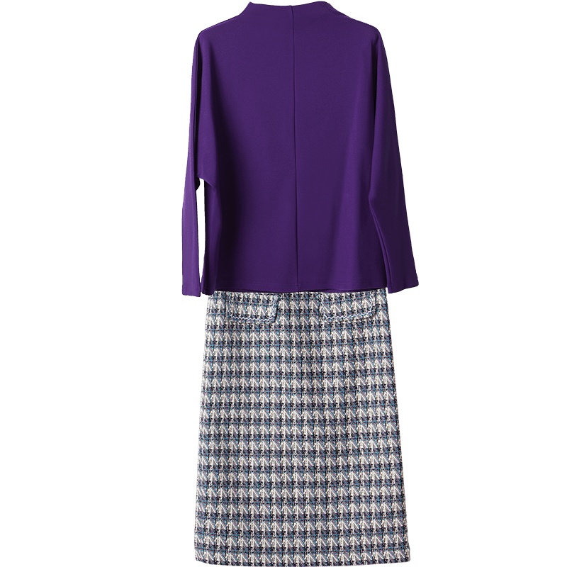 晚白2021春季新品两件套立领蝙蝠袖上衣格子高腰包臀裙时尚套装女