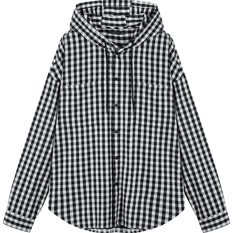 【领198-100券再购】森马2019秋季男装衬衫男长袖宽松港风ins格子衫连帽外套衬衣