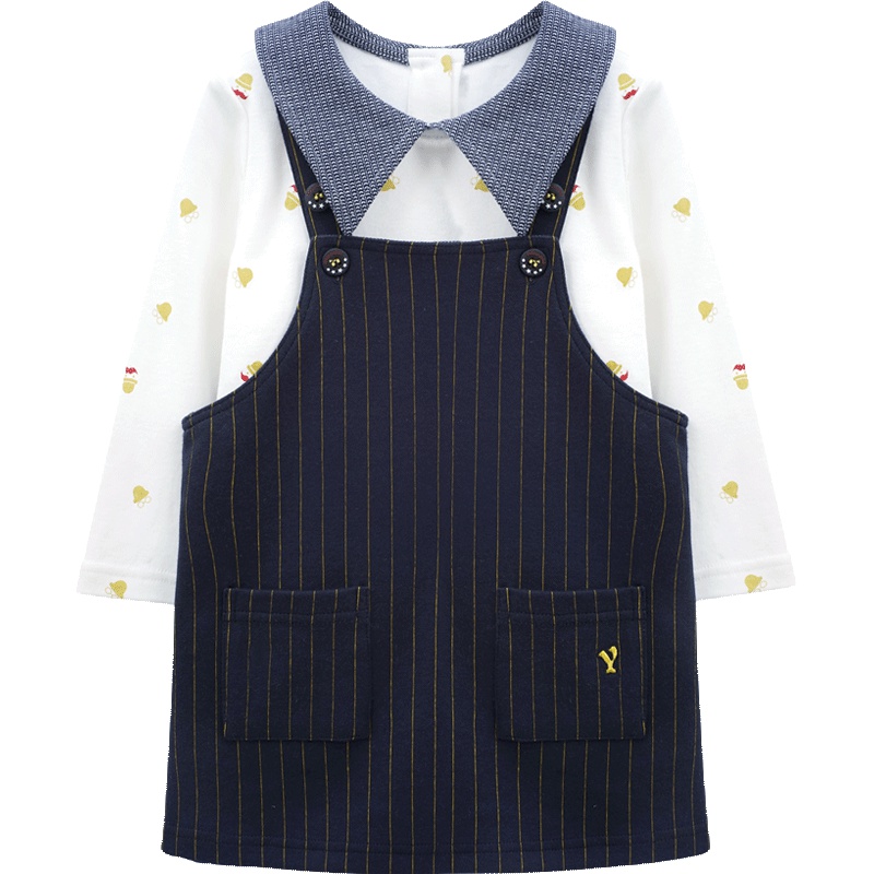 婴姿坊女童时尚大领T恤条纹背带连衣裙两件套 宝蓝色 80-120cm