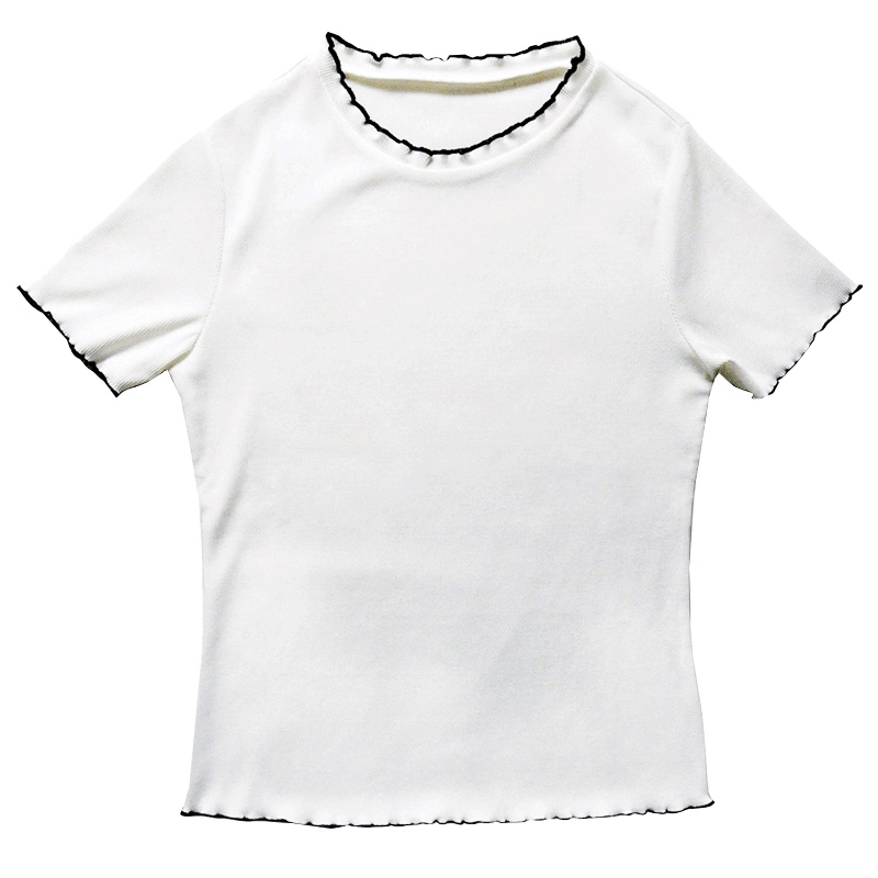 红豆女装Hodo Ladies短袖T恤女薄款圆领木耳边修身针织T恤