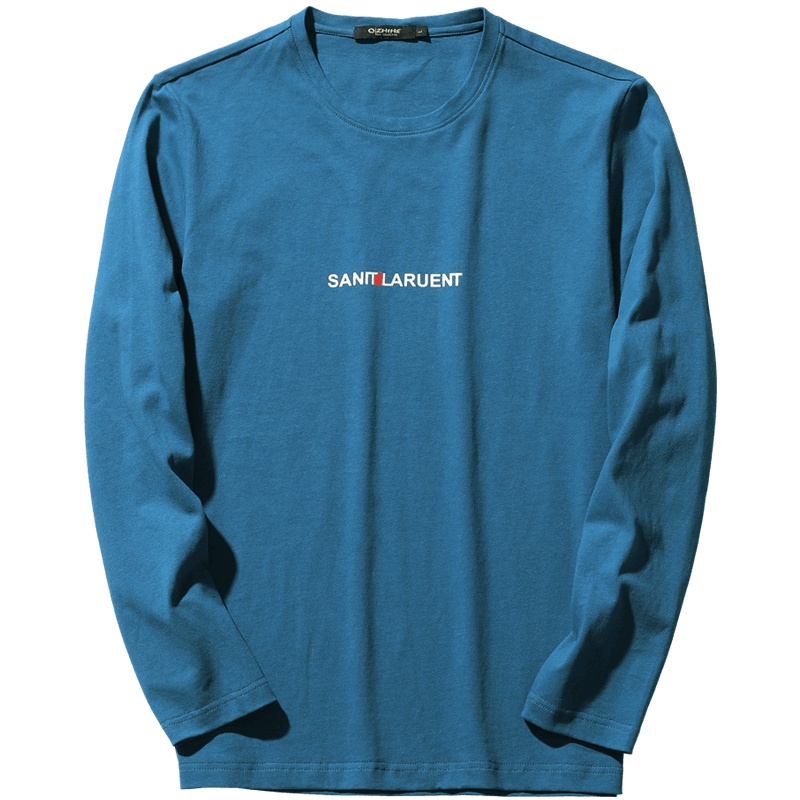 千纸鹤男士长袖T恤2019春秋时尚圆领印花体恤男纯棉弹力宽松衣服20306