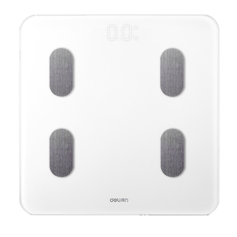 得力(deli)体脂称/体重秤/健康秤 钢化玻璃面板 2组电极片 白8809