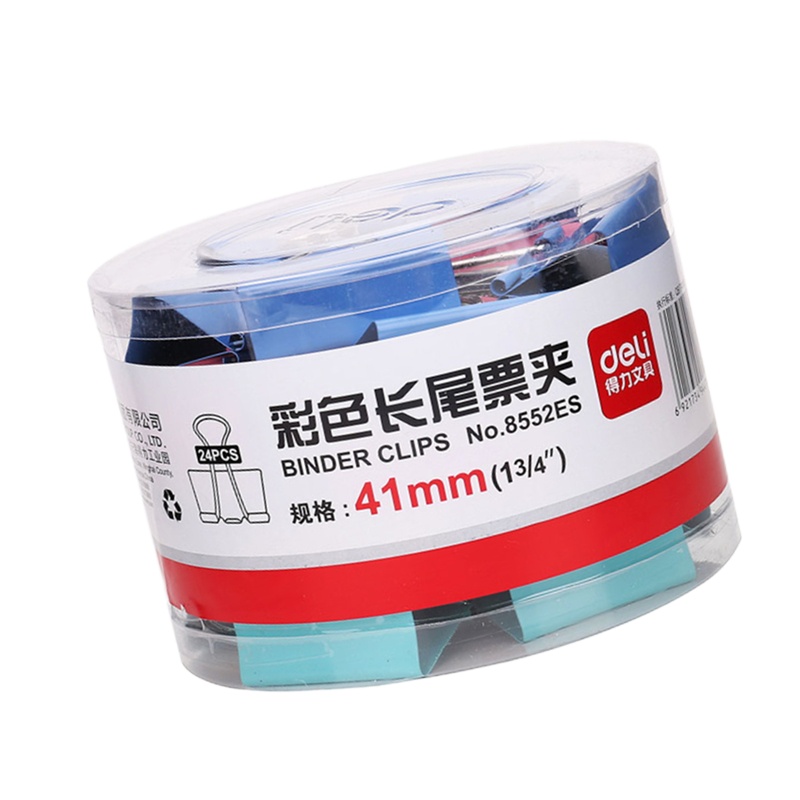 得力 8552彩色长尾夹（筒装）41mm 彩色票据夹 24只/筒