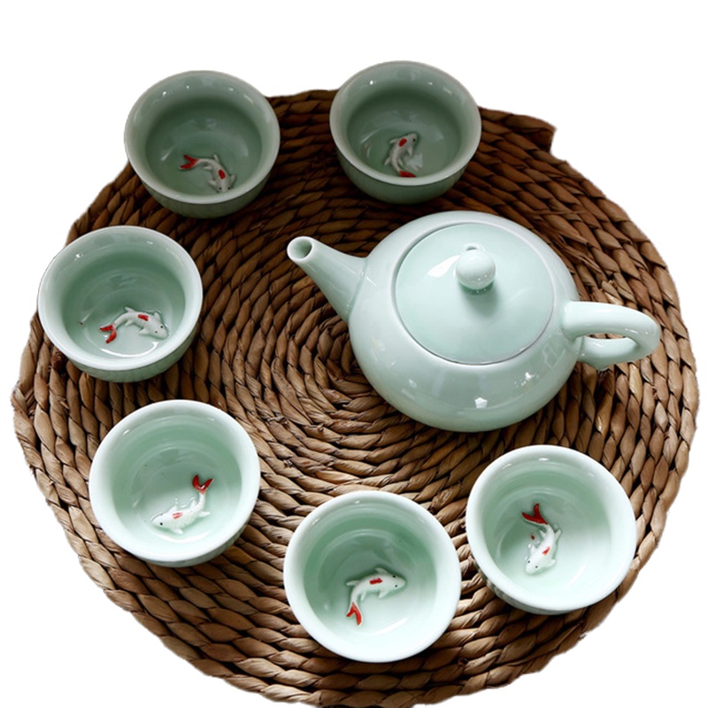 7头青瓷鱼杯茶具套装