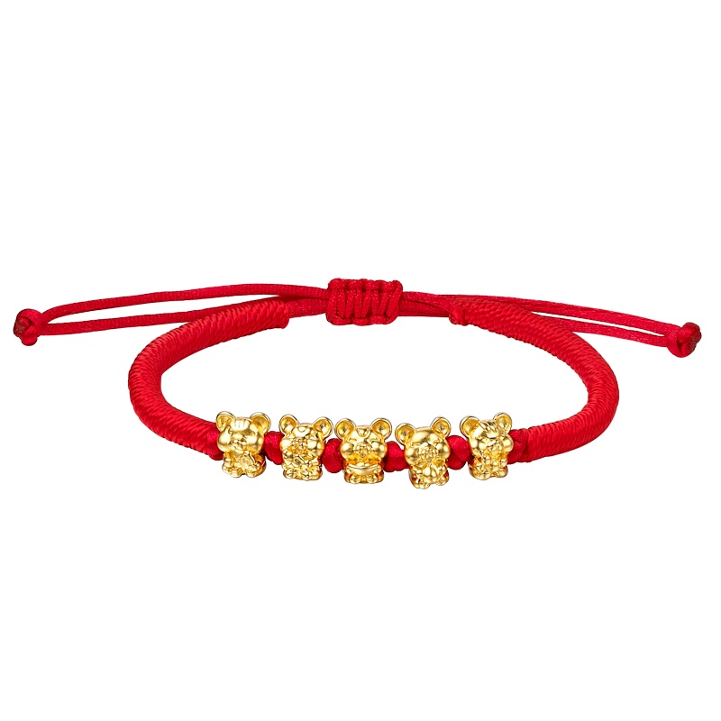 手拉手(Slaso) 黄金手链女士 3D硬金生肖鼠手链足金999五福鼠本命年小老鼠红绳手串