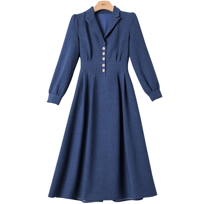 晚白2021春季新品简约纯色修身显瘦长袖西装裙A字长款连衣裙女