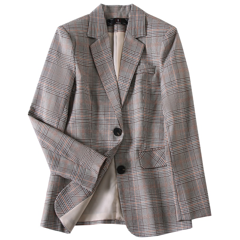 班俏BANQIAO格子小西装外套女2023春秋新款短款韩版大码复古女士西服上衣外套