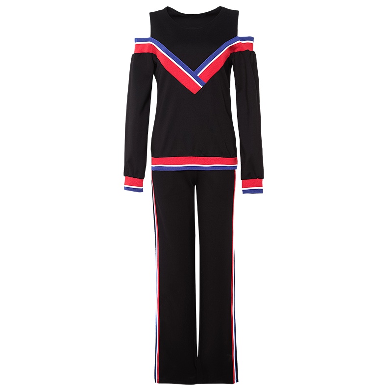 晚白 新品套装露肩圆领上衣T恤条纹阔腿裤长裤休闲两件套女