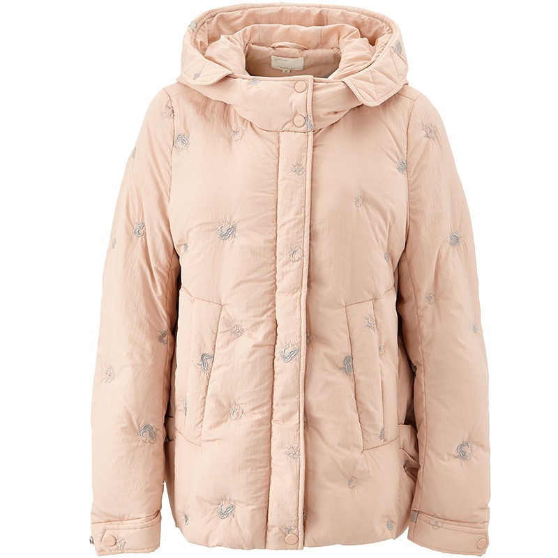 茵曼2019冬季新款时尚刺绣加厚宽松休闲面包羽绒服女连帽白鸭绒