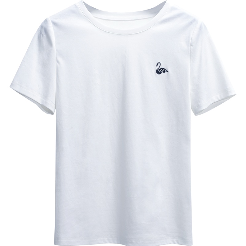 娅丽达女装2019夏季新款白色短袖T恤女修身显瘦纯色纯棉短款上衣I6030