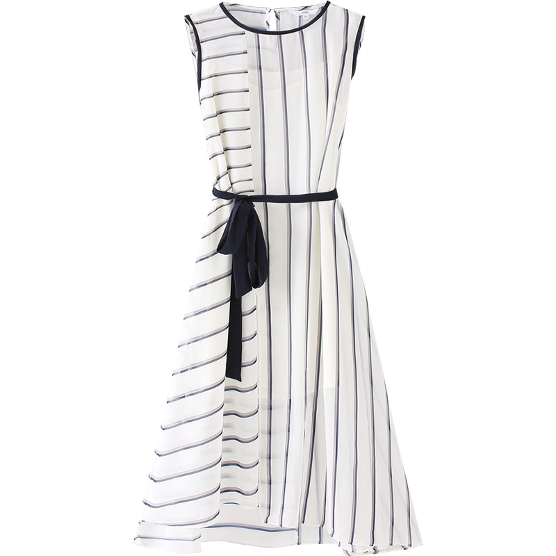 OSA欧莎条纹连衣裙2019新款夏白色无袖开叉裙子女收腰显瘦两件套