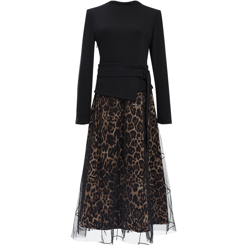 欧昵雪长袖针织衫拼接高腰豹纹网纱连衣裙女