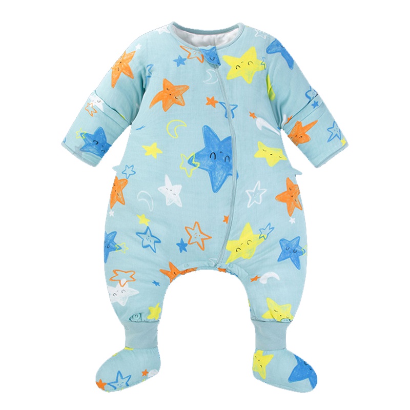 米乐鱼 婴儿幼儿纯棉分腿式带脚套长袖可拆袖睡袋 宝宝空调房秋冬季通用防踢被