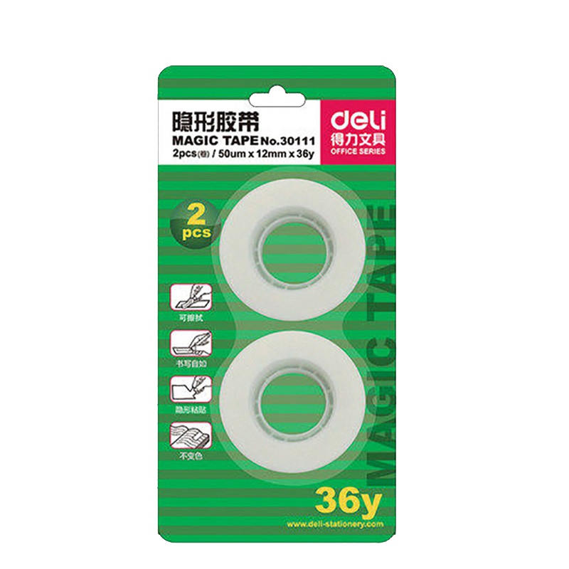 得力(deli)30111隐形透明白胶带 2卡 无痕 可书写 隐形粘贴12mm*36y*50um/卷 手撕胶带可写字