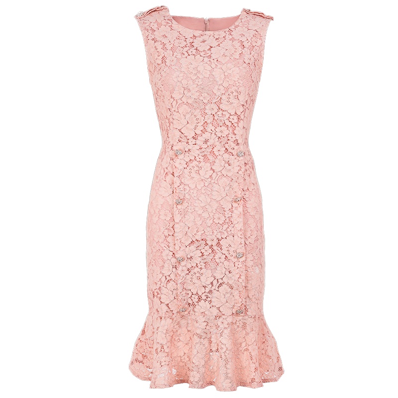 晚白 新品优雅圆领收腰显瘦包臀裙荷叶边无袖蕾丝连衣裙女