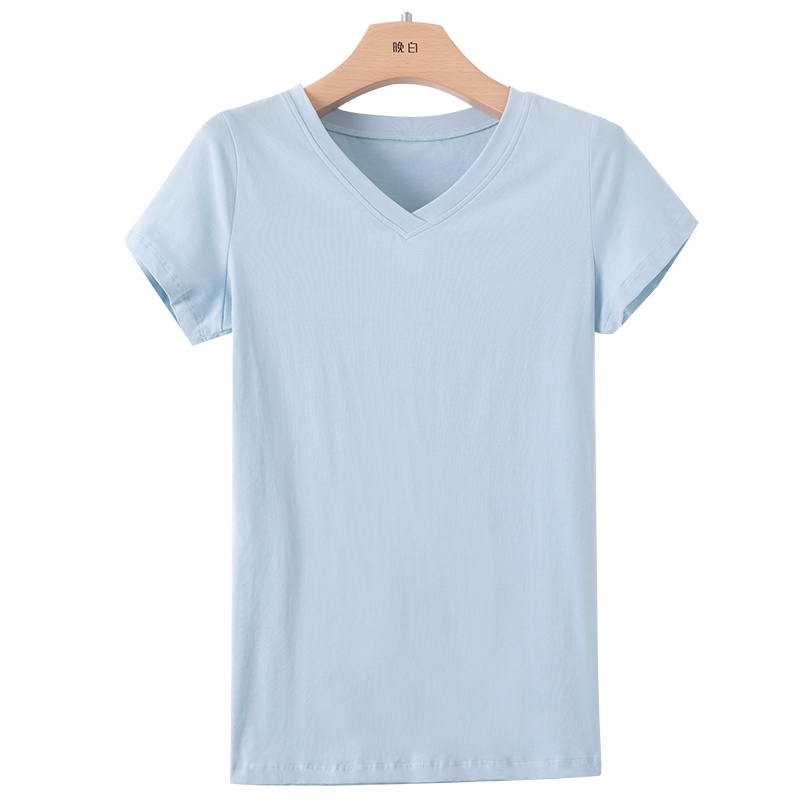 晩白 2020夏季新品时尚通勤纯色V领短袖休闲百搭常规T恤衫上衣女