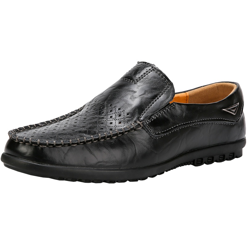 木林森男鞋2020夏季新款真皮透气轻便套脚休闲镂空皮鞋男冲孔鞋子