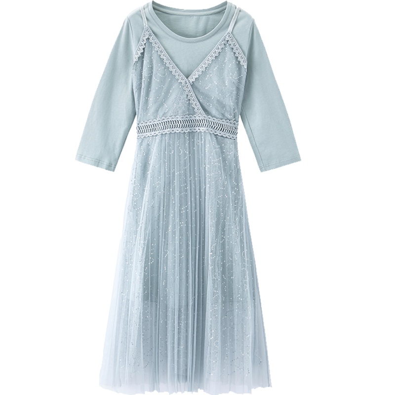 茵曼2019秋季新款文艺气质珠片蕾丝吊带两件套连衣裙收腰七分袖