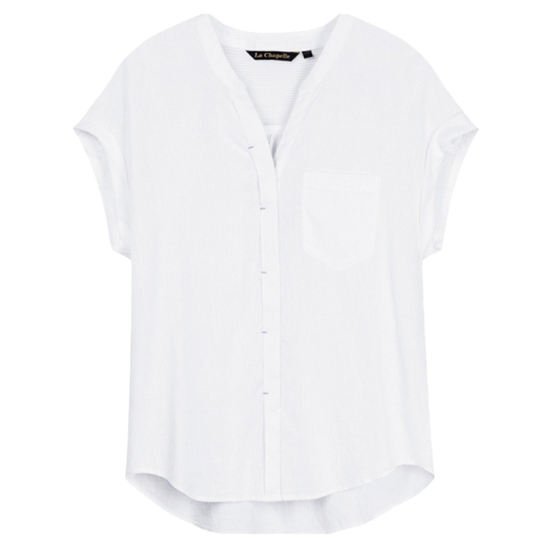 【专柜同款】拉夏贝尔夏衬衫V领宽松竖条纹复古港味chic衬衣10018085