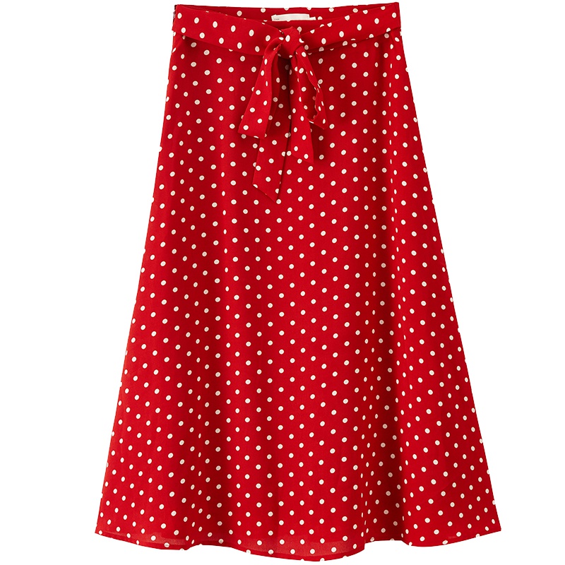 茵曼2019秋装新款复古波点系带A字裙优雅气质显瘦雪纺半身中裙女