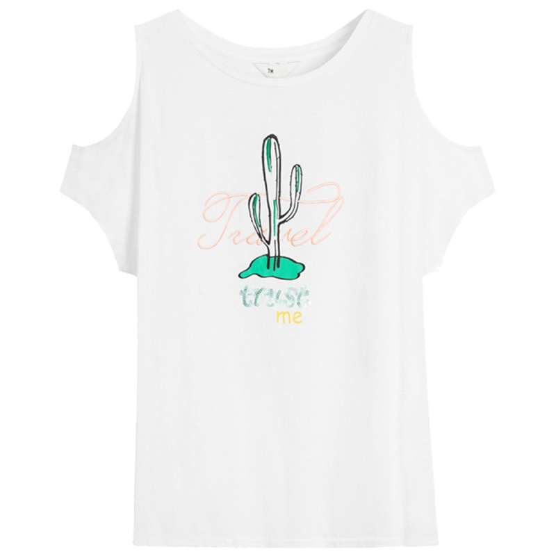 【专柜同款】拉夏贝尔夏新款韩版甜美印花休闲显瘦百搭圆领露肩短袖 70010907 本白 S