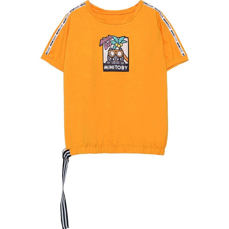 a02新款个性收腰飘带萌趣印花织带显瘦短袖T恤女DTU2D0141KT