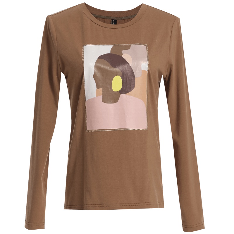 欧昵雪秋季抽象人物烫图绣花圆领棉T恤女长袖上衣打底衫