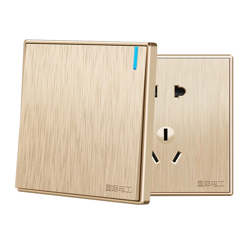TEP国际电工 开关插座面板拉丝大板香槟金家用86型墙壁一开五孔插座盖板 五孔插座