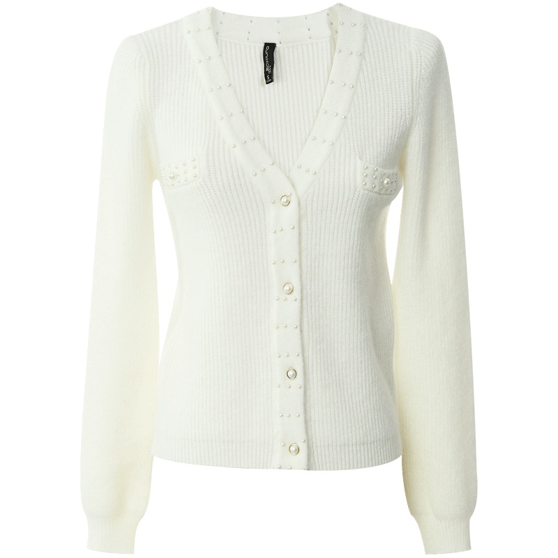 OUNIXUE欧昵雪 | [温柔钉珠V领针织开衫]秋冬季气质珍珠纽扣上衣显瘦毛衣女