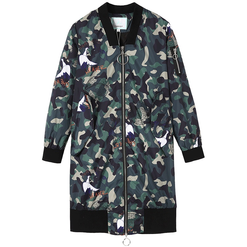 马克华菲女装2019夏季新款中长款长袖外套 花色拼接圆领风衣