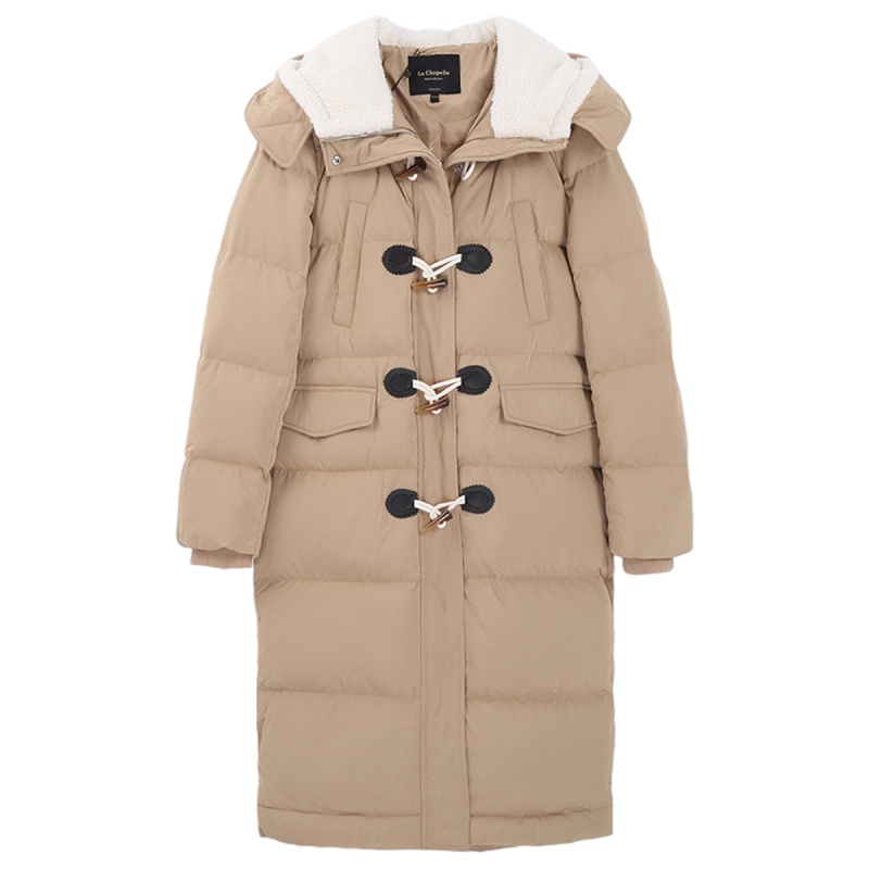 拉夏贝尔新款连帽加绒羽绒服女装休闲宽松牛角扣拉链中长款外套上衣