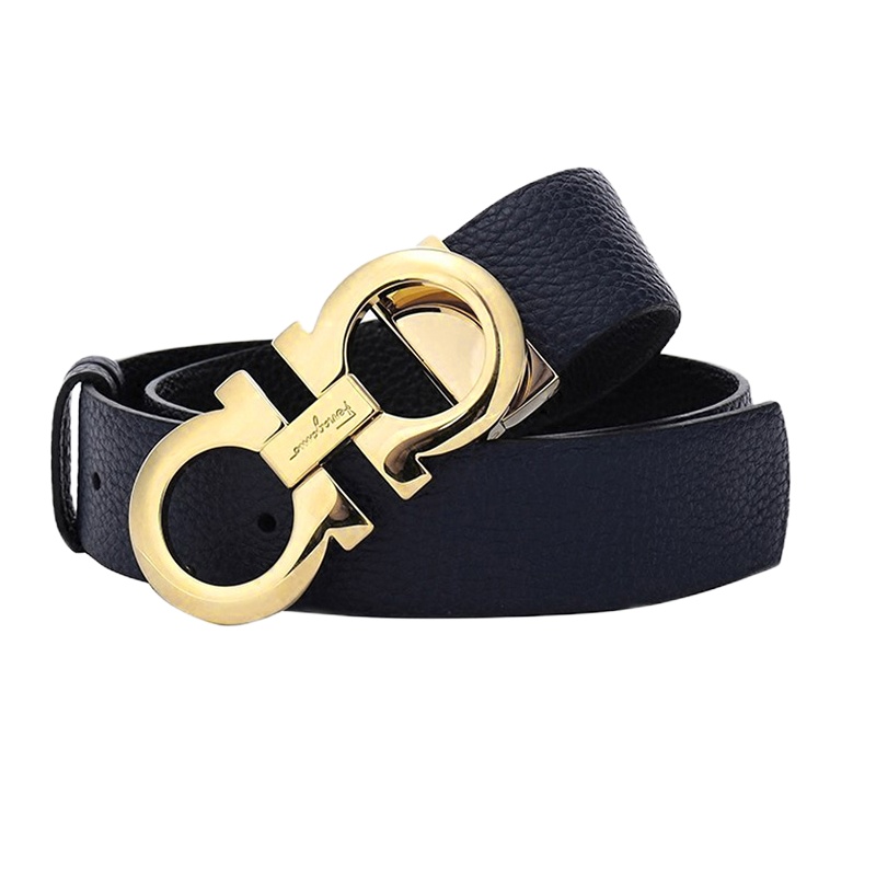 Salvatore Ferragamo 菲拉格慕 女士双面黑色深蓝色皮革无限魅力铜色双扣皮带 黑色/深蓝100