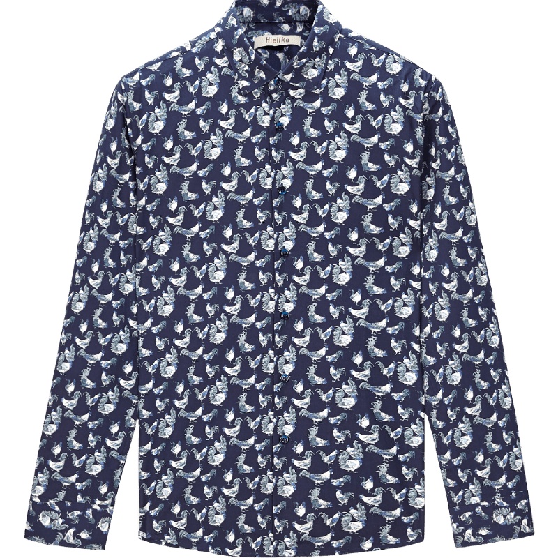 海一家2019秋季男士质感挺括修身有型动物印花长袖衬衫