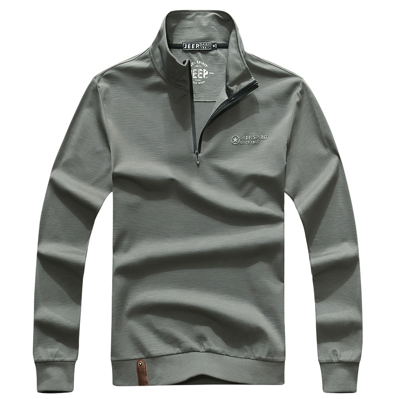 JEEP/吉普长袖t恤男秋季新款男士商务休闲立领半拉链纯色宽松竹节棉简约长袖打底衫男A245