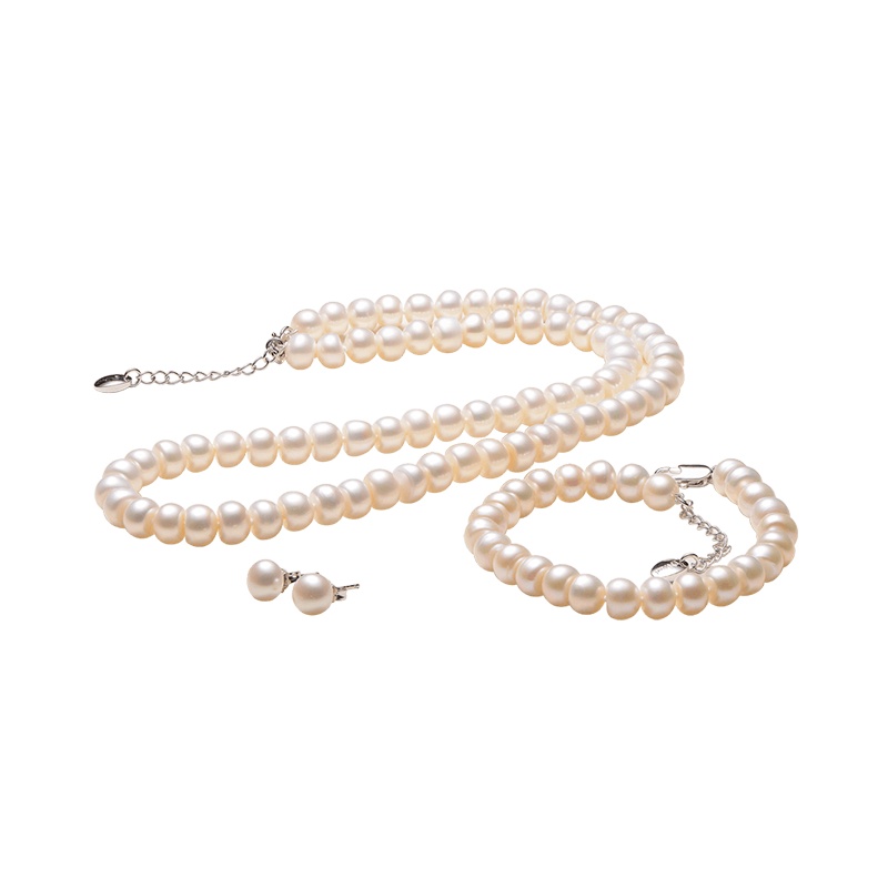 [京润珍珠]想念 7-8mm/8-9mm扁圆白色淡水珍珠项链手链耳钉三件套 珠宝宠自己送妈妈