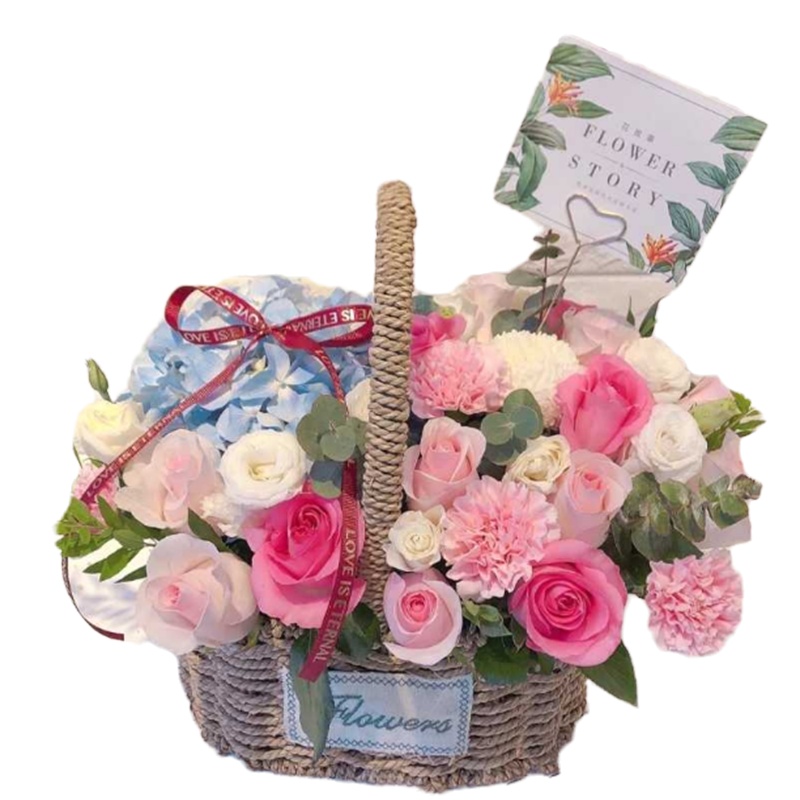 采蝶轩创意粉色系混搭手提花篮送女友全国同城送广东北京上海鲜花生日送礼