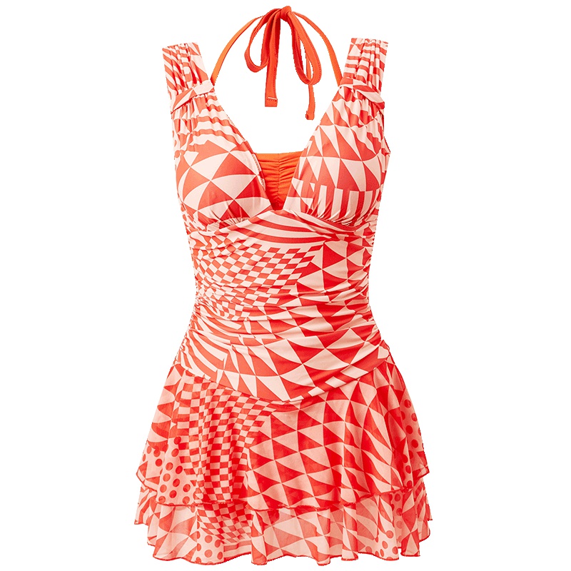 号手温泉游泳衣女连体裙式平角小胸聚拢大码保守显瘦遮肚海边度假