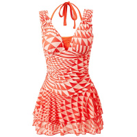 号手温泉游泳衣女连体裙式平角小胸聚拢大码保守显瘦遮肚海边度假