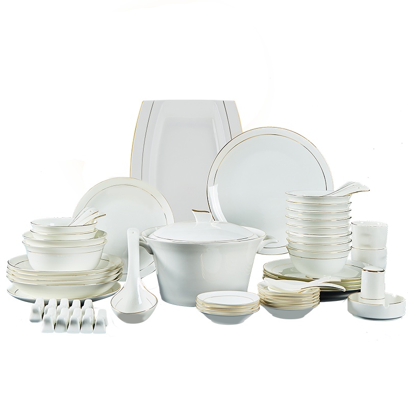 富昱景 景德镇陶瓷餐具 欧式骨瓷碗碟家用金边餐具套装碗盘组合 70件配太子煲雅逸