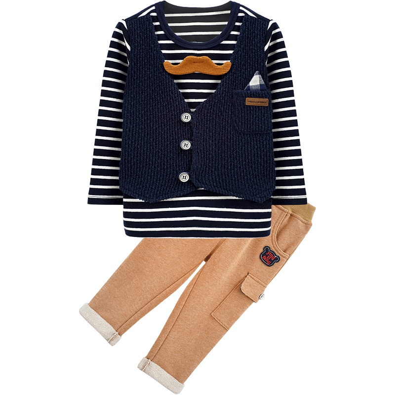 苏宁自营 婴姿坊男童条纹假两件小马甲套装童装休闲两件套 宝蓝色