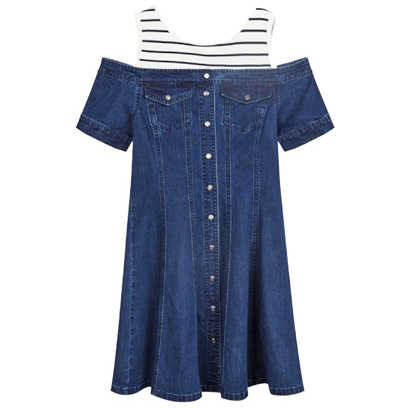 【专柜同款】拉夏贝尔夏新款牛仔韩版修身露肩两件套一字领连衣裙套装 深牛仔蓝 S