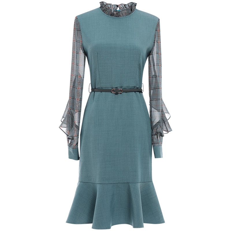 欧昵雪木耳边立领收腰连衣裙女假两件格子长袖鱼尾裙