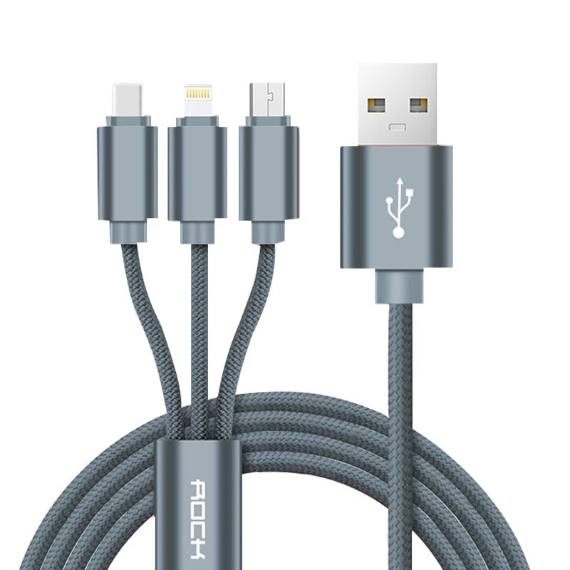 洛克1.2m Type-c/安卓/苹果lightning接口三合一数据连接线iPhoneX/小米/华为一拖三编织充电线